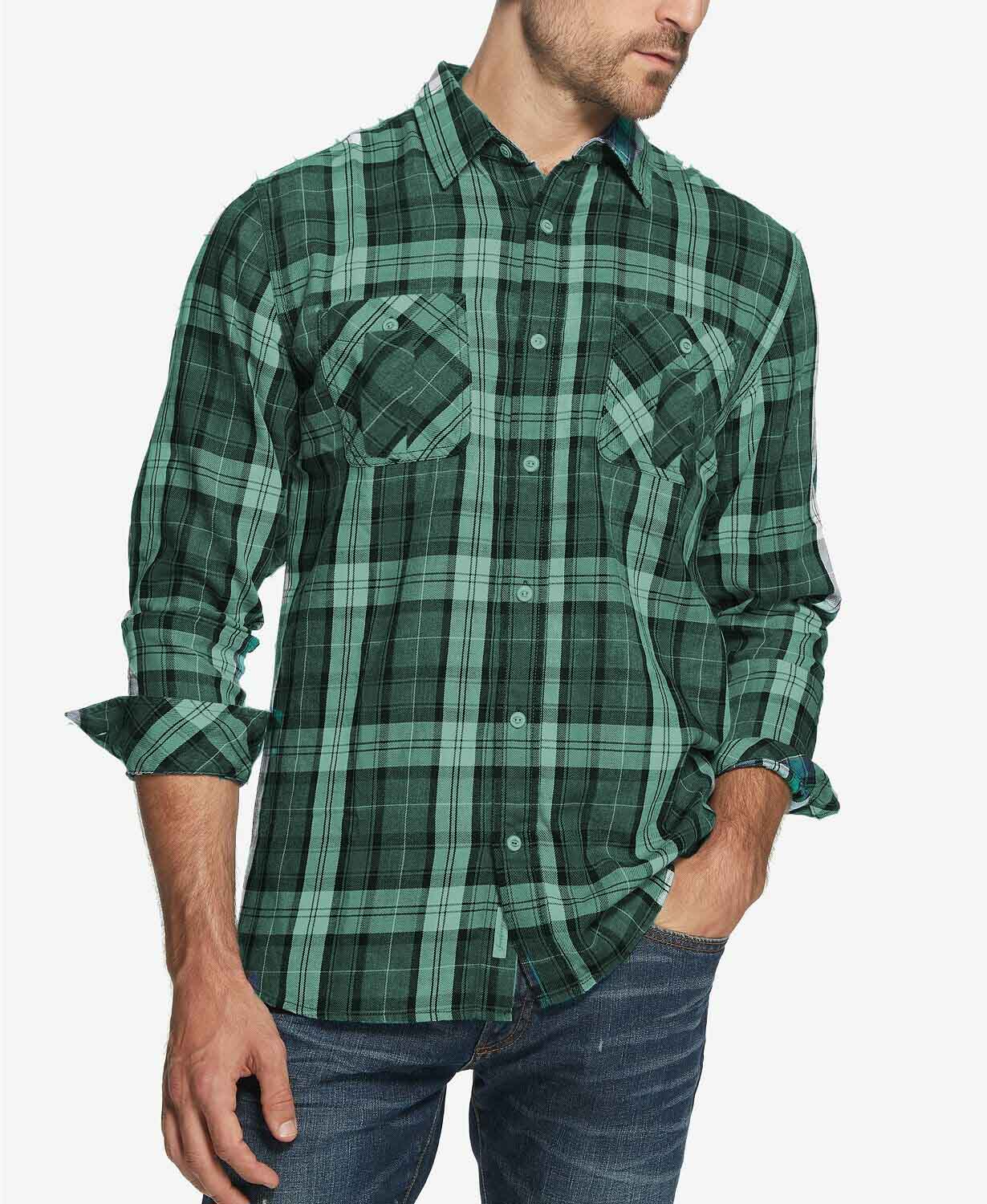 Men's Checkered Long Sleeve Green Flannel Shirt - Azulf
